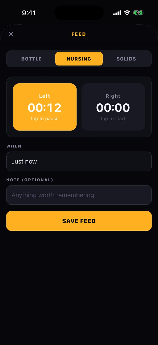 Cubby's feed sheet on the Nursing tab, with separate Left and Right timers — the left one running at twelve seconds and highlighted amber — a When field reading Just now, and a Save Feed button.