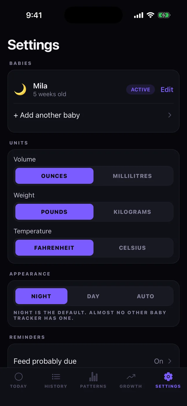 Cubby's Settings screen showing Mila as the active baby with an option to add another, unit toggles for ounces, pounds and Fahrenheit, a Night/Day/Auto appearance switch set to Night, and reminder rows.