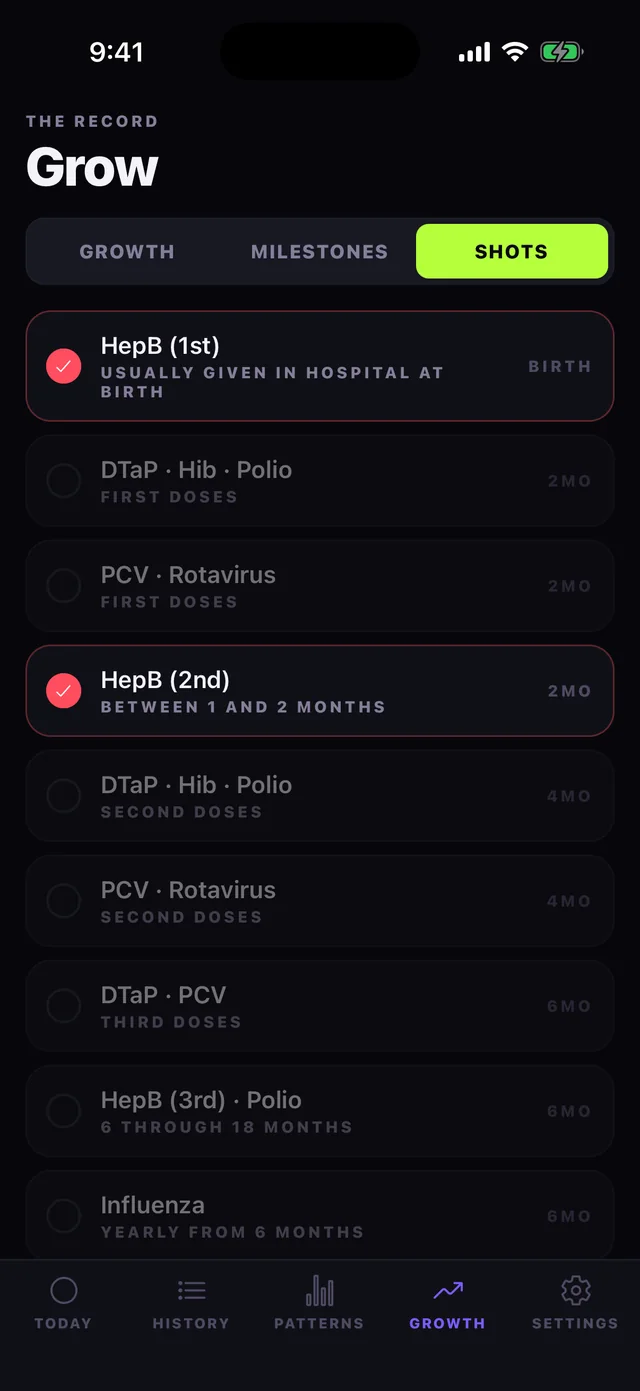 Cubby's Shots screen listing the routine immunisation schedule from birth onward, with HepB first and second doses ticked off and later DTaP, polio, PCV and influenza doses still open.