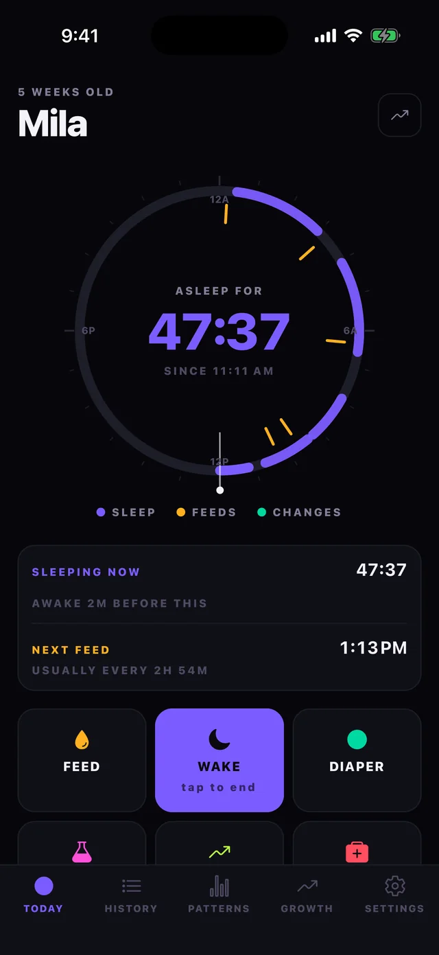 Cubby's Today screen with a nap in progress, reading asleep for 47 minutes since 11:11 AM, the dial's violet arc still growing, and the middle button switched to Wake.